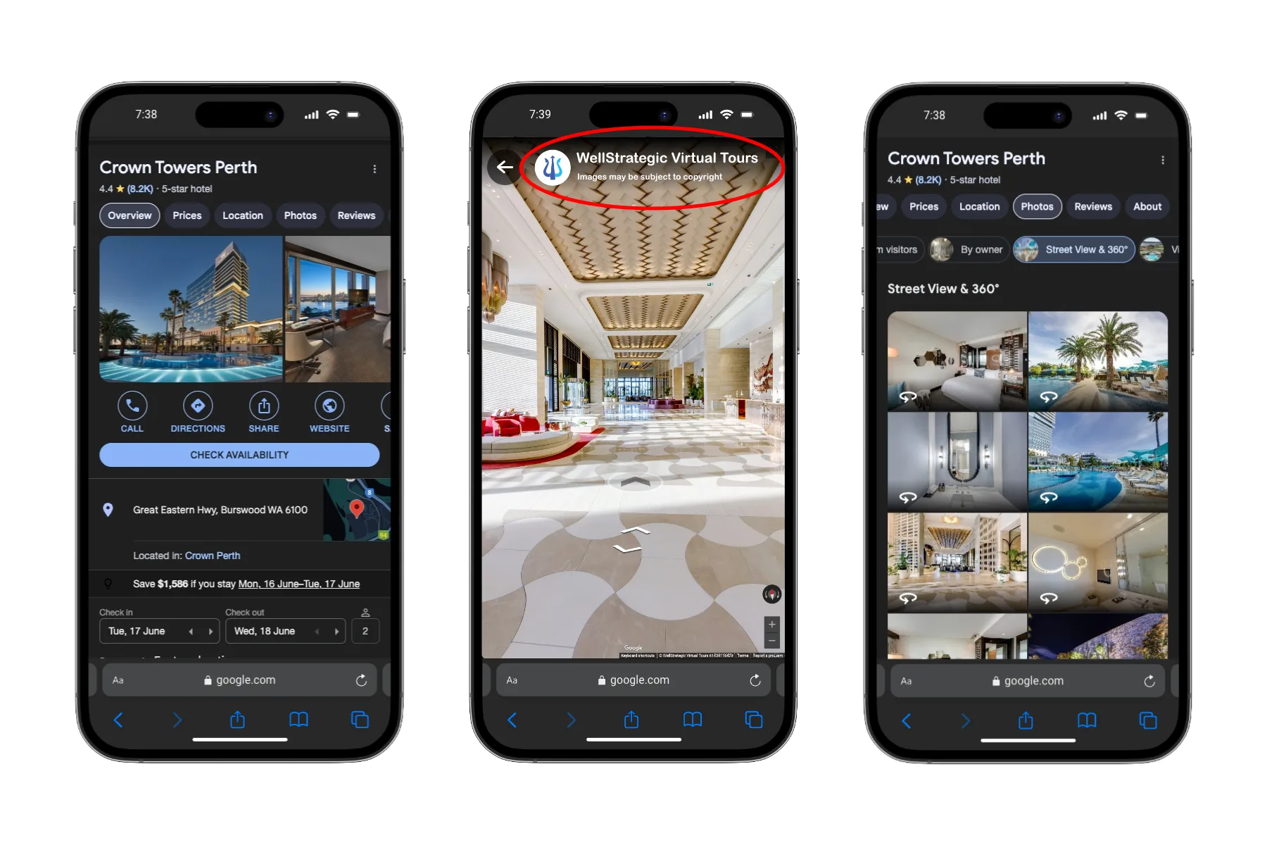 WellStrategic virtual tour live on Google Maps — Crown Towers Perth showing Street View & 360° photos